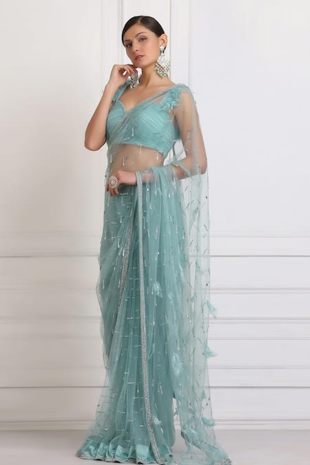 Pooja Peshoria_Blue Net Sequin, Bead, Swarovski Crystals Embellished Saree With Blouse_Online_at_Aza_Fashions