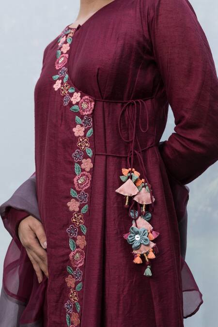 Beige_Purple Chanderi And Cotton Sequin & Beads, Thread V Neck Kurta Set_Online_at_Aza_Fashions