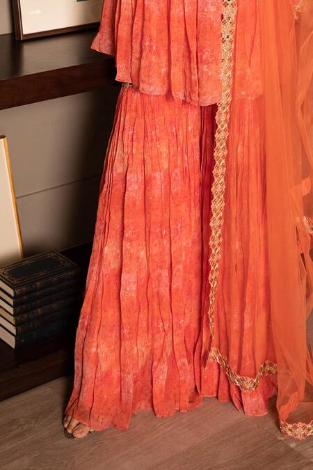 Shop Laxmishriali Red Dupatta Net, Peplum Top And Sharara Viscose Georgette Mirror Work, Bead Set Online at Aza Fashions Shop_Laxmishriali_Red Dupatta Net, Peplum Top And Sharara Viscose Georgette Mirror Work, Bead Set _Online_at_Aza_Fashions