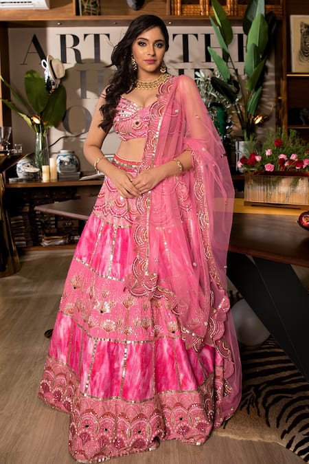 Laxmishriali Pink Blouse And Lehenga Dupion, Dupatta Net Mirror Work, Silk Embroidered Set 
