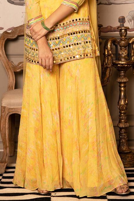 Laxmishriali Yellow Dupatta Net, Kurta And Sharara Viscose Georgette Geometric, Mirror Set Online at Aza Fashions Laxmishriali_Yellow Dupatta Net, Kurta And Sharara Viscose Georgette Geometric, Mirror Set _Online_at_Aza_Fashions