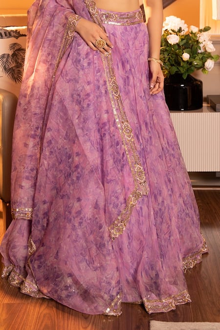 Laxmishriali Purple Blouse Dupion, Lehenga And Dupatta Silk Organza Crystal, Printed Set Online at Aza Fashions Laxmishriali_Purple Blouse Dupion, Lehenga And Dupatta Silk Organza Crystal, Printed Set _Online_at_Aza_Fashions