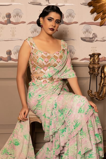 Shop Laxmishriali Green Blouse And Belt Dupion Silk, Sharara Saree Georgette Cutdana Printed Set at Aza Fashions Shop_Laxmishriali_Green Blouse And Belt Dupion Silk, Sharara Saree Georgette Cutdana Printed Set _at_Aza_Fashions