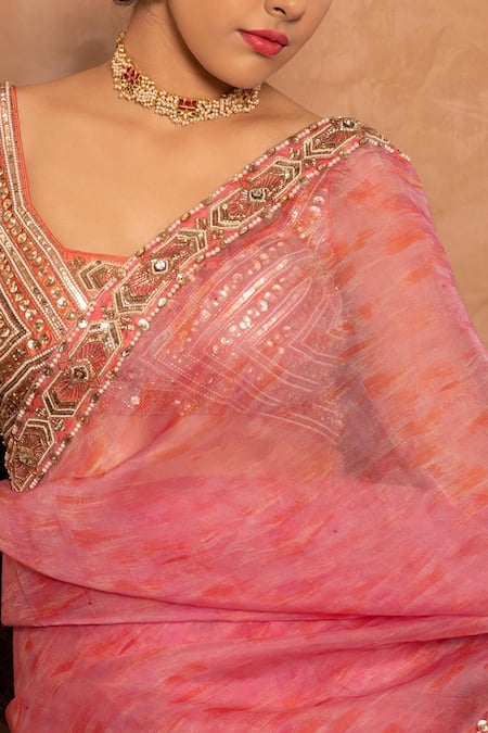 Buy_Laxmishriali_Pink Blouse Dupion , Petticoat Modal Satin, Saree Printed Set _Online_at_Aza_Fashions