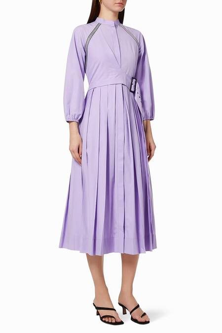 Notebook Purple Cotton Solid Mandarin Collar Rebecca Dress 