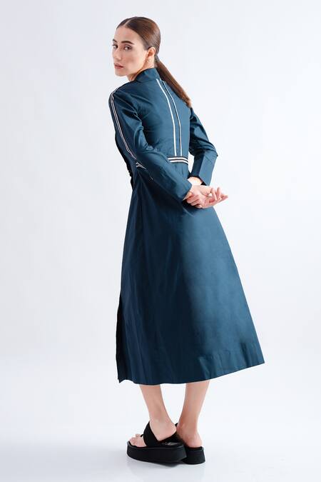 Shop NOTEBOOK Blue Cotton Jersey Asymmetric Olwen Dress at Aza Fashions Shop_NOTEBOOK_Blue Cotton Jersey Asymmetric Olwen Dress_at_Aza_Fashions