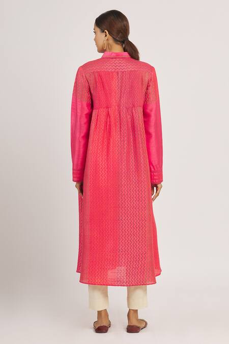 Shop_Krishna Mehta_Pink Tussar Printed Zig Zag Shirt Collar Tunic  _at_Aza_Fashions