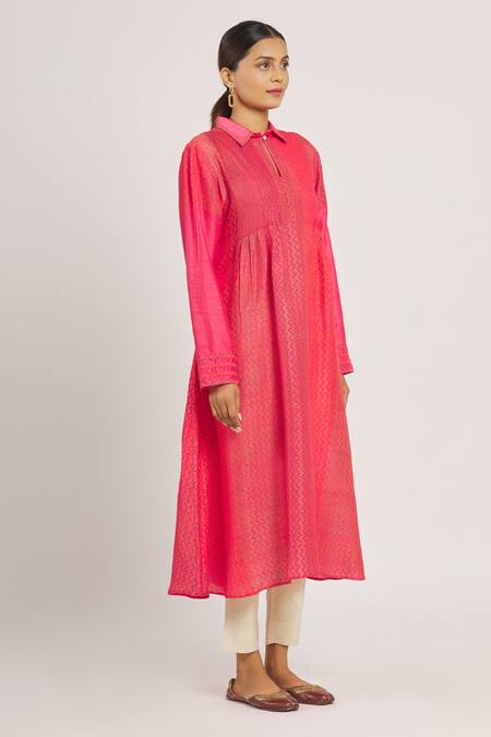 Krishna Mehta_Pink Tussar Printed Zig Zag Shirt Collar Tunic  _Online_at_Aza_Fashions