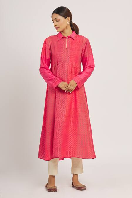 Buy_Krishna Mehta_Pink Tussar Printed Zig Zag Shirt Collar Tunic  _Online_at_Aza_Fashions