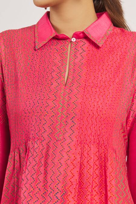 Krishna Mehta_Pink Tussar Printed Zig Zag Shirt Collar Tunic  _at_Aza_Fashions