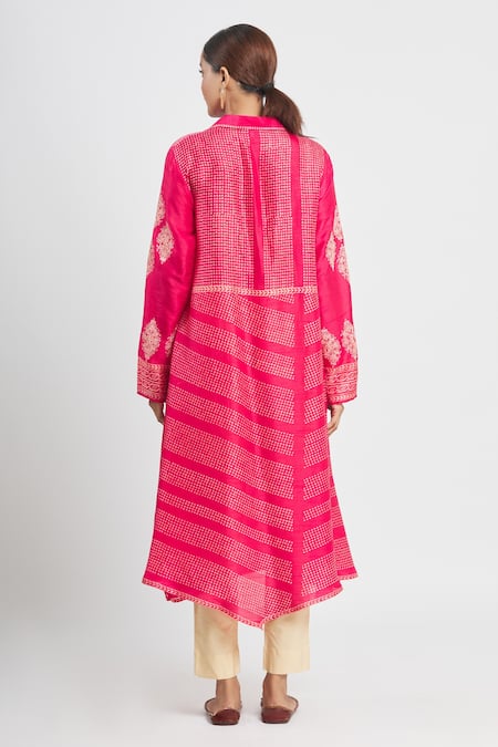 Shop_Krishna Mehta_Pink Tussar Embroidered Polka Dot Shirt Collar Print Tunic  _at_Aza_Fashions