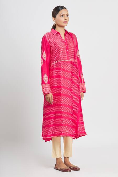 Krishna Mehta_Pink Tussar Embroidered Polka Dot Shirt Collar Print Tunic  _Online_at_Aza_Fashions
