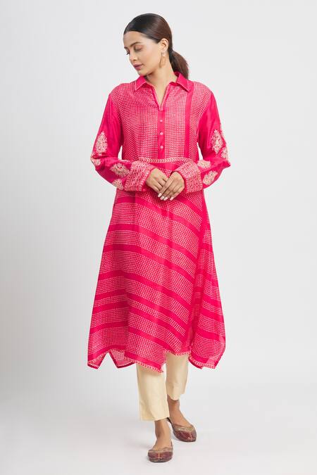 Buy_Krishna Mehta_Pink Tussar Embroidered Polka Dot Shirt Collar Print Tunic  _Online_at_Aza_Fashions