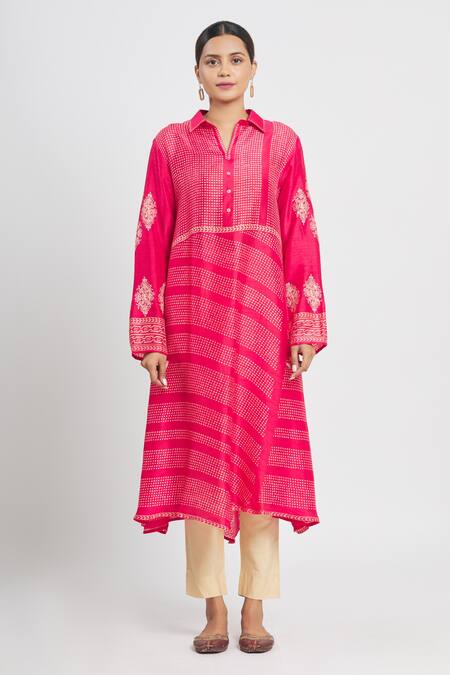 Shop_Krishna Mehta_Pink Tussar Embroidered Polka Dot Shirt Collar Print Tunic  _Online_at_Aza_Fashions