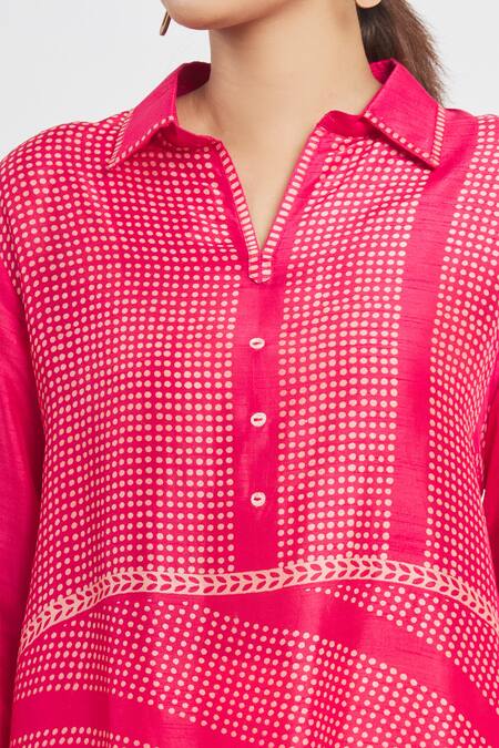 Krishna Mehta_Pink Tussar Embroidered Polka Dot Shirt Collar Print Tunic  _at_Aza_Fashions