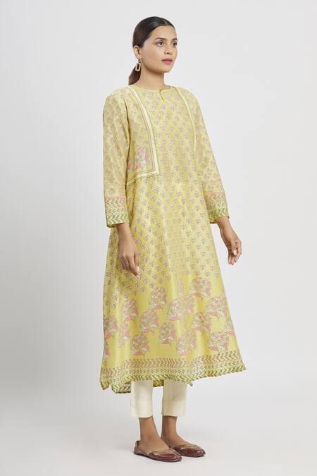 Krishna Mehta Yellow Chanderi Printed Floral Round Tunic Online at Aza Fashions Krishna Mehta_Yellow Chanderi Printed Floral Round Tunic _Online_at_Aza_Fashions