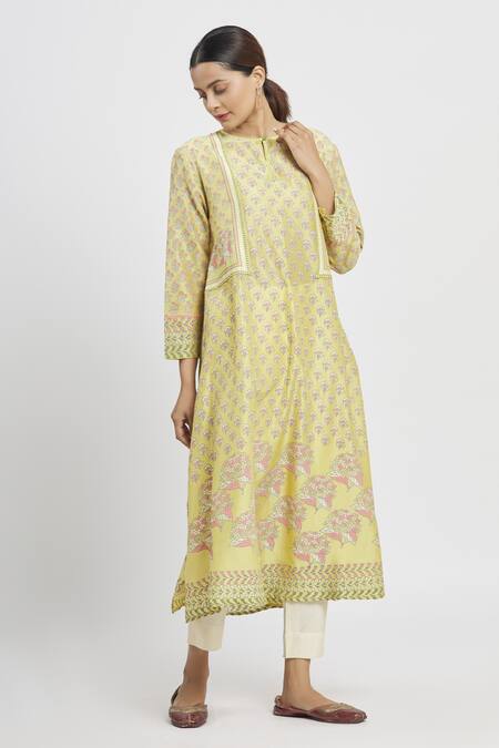 Buy Krishna Mehta Yellow Chanderi Printed Floral Round Tunic Online at Aza Fashions Buy_Krishna Mehta_Yellow Chanderi Printed Floral Round Tunic _Online_at_Aza_Fashions