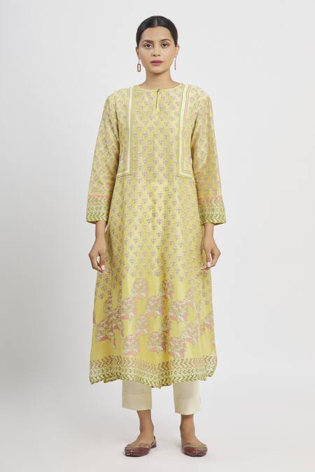 Shop Krishna Mehta Yellow Chanderi Printed Floral Round Tunic Online at Aza Fashions Shop_Krishna Mehta_Yellow Chanderi Printed Floral Round Tunic _Online_at_Aza_Fashions