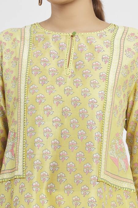 Krishna Mehta Yellow Chanderi Printed Floral Round Tunic at Aza Fashions Krishna Mehta_Yellow Chanderi Printed Floral Round Tunic _at_Aza_Fashions