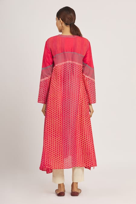 Shop_Krishna Mehta_Red Chanderi Printed Geometric Mandarin Collar Tunic _at_Aza_Fashions