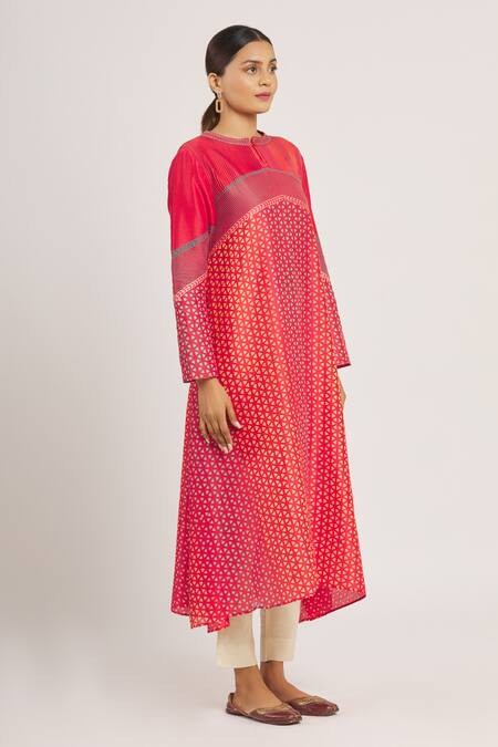 Krishna Mehta_Red Chanderi Printed Geometric Mandarin Collar Tunic _Online_at_Aza_Fashions