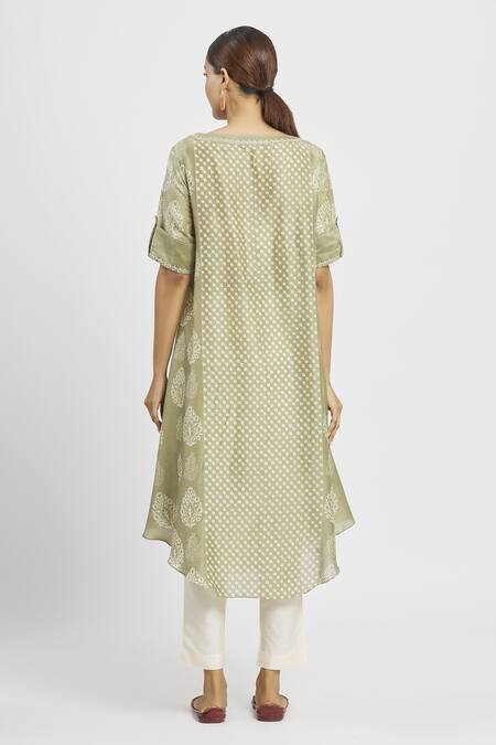 Shop_Krishna Mehta_Green Chanderi Printed Geometric Boat Floral Tunic  _at_Aza_Fashions
