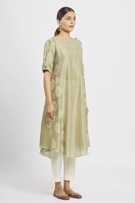 Krishna Mehta_Green Chanderi Printed Geometric Boat Floral Tunic  _Online_at_Aza_Fashions