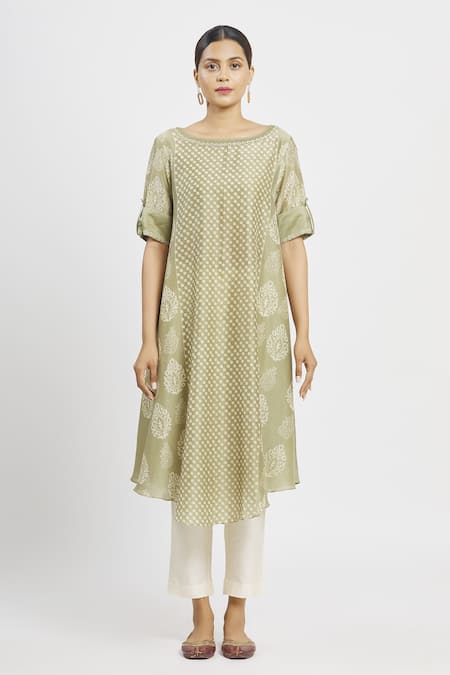 Shop_Krishna Mehta_Green Chanderi Printed Geometric Boat Floral Tunic  _Online_at_Aza_Fashions