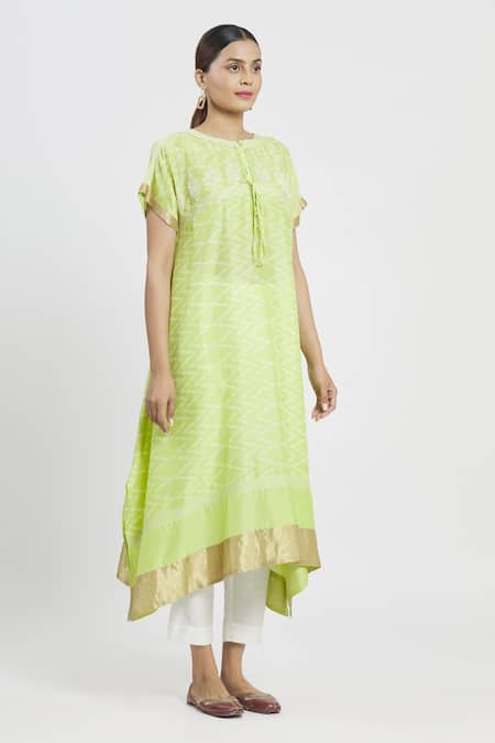 Krishna Mehta_Green Chanderi Floral, Zig Zag Boat Asymmetric Tunic_Online_at_Aza_Fashions