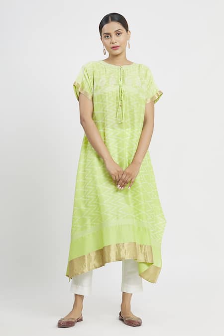 Buy_Krishna Mehta_Green Chanderi Floral, Zig Zag Boat Asymmetric Tunic_Online_at_Aza_Fashions