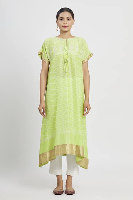 Shop_Krishna Mehta_Green Chanderi Floral, Zig Zag Boat Asymmetric Tunic_Online_at_Aza_Fashions