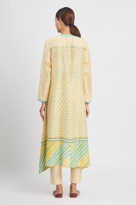 Shop Krishna Mehta Yellow Chanderi Printed Aari Round Block Tunic at Aza Fashions Shop_Krishna Mehta_Yellow Chanderi Printed Aari Round Block Tunic _at_Aza_Fashions