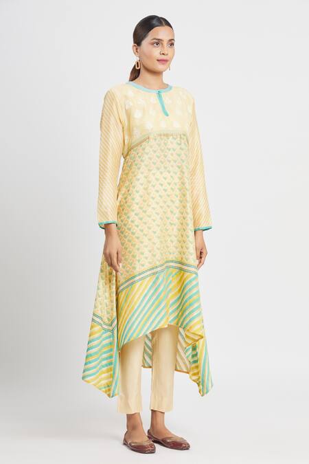 Krishna Mehta Yellow Chanderi Printed Aari Round Block Tunic Online at Aza Fashions Krishna Mehta_Yellow Chanderi Printed Aari Round Block Tunic _Online_at_Aza_Fashions