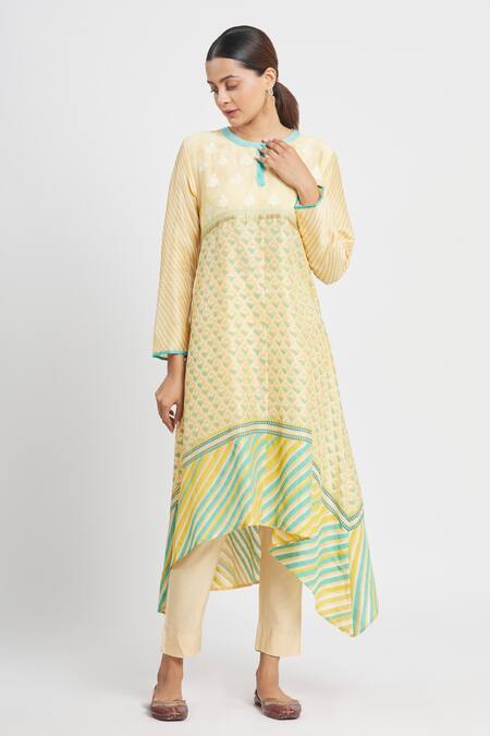 Buy Krishna Mehta Yellow Chanderi Printed Aari Round Block Tunic Online at Aza Fashions Buy_Krishna Mehta_Yellow Chanderi Printed Aari Round Block Tunic _Online_at_Aza_Fashions