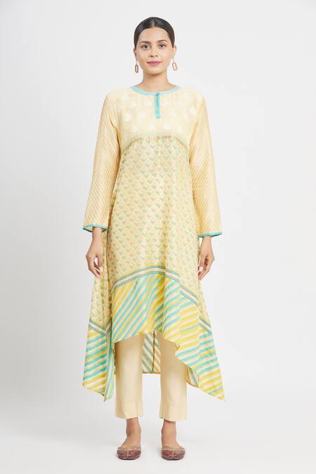 Shop Krishna Mehta Yellow Chanderi Printed Aari Round Block Tunic Online at Aza Fashions Shop_Krishna Mehta_Yellow Chanderi Printed Aari Round Block Tunic _Online_at_Aza_Fashions