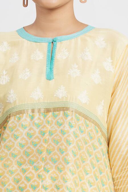 Krishna Mehta Yellow Chanderi Printed Aari Round Block Tunic at Aza Fashions Krishna Mehta_Yellow Chanderi Printed Aari Round Block Tunic _at_Aza_Fashions