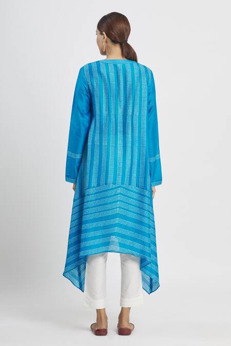 Shop_Krishna Mehta_Blue Chanderi Printed Polka Dot Round Tunic  _at_Aza_Fashions