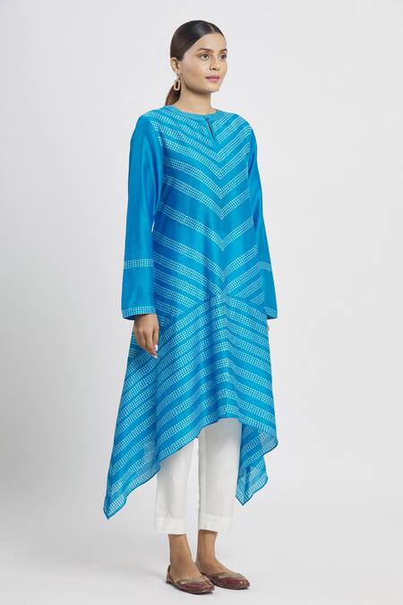 Krishna Mehta_Blue Chanderi Printed Polka Dot Round Tunic  _Online_at_Aza_Fashions