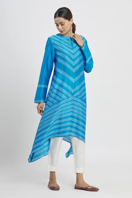Buy_Krishna Mehta_Blue Chanderi Printed Polka Dot Round Tunic  _Online_at_Aza_Fashions