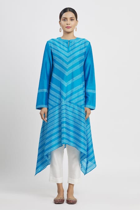 Shop_Krishna Mehta_Blue Chanderi Printed Polka Dot Round Tunic  _Online_at_Aza_Fashions