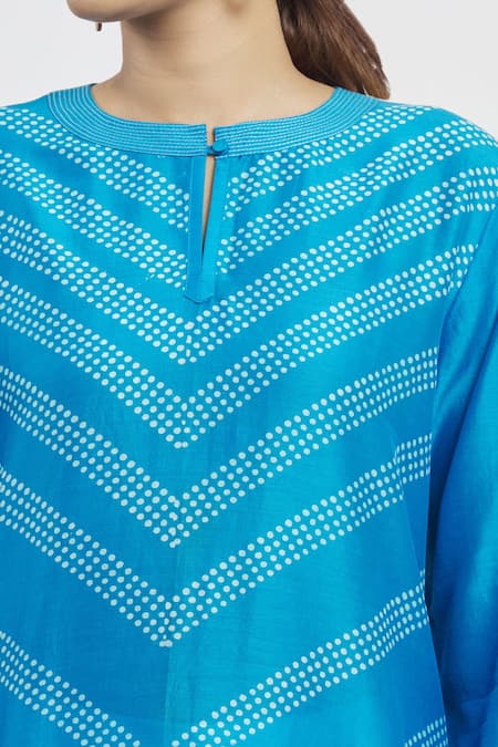 Krishna Mehta_Blue Chanderi Printed Polka Dot Round Tunic  _at_Aza_Fashions