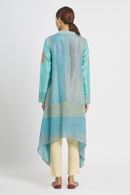 Shop_Krishna Mehta_Blue Tussar Zig Zag Spread Collar Print Tunic _at_Aza_Fashions