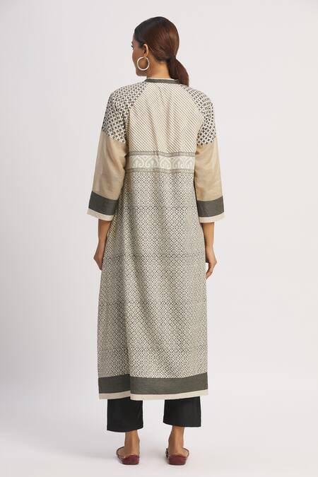 Shop_Krishna Mehta_Beige Chanderi Printed Geometric Mandarin Collar Tunic  _at_Aza_Fashions