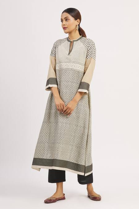 Buy_Krishna Mehta_Beige Chanderi Printed Geometric Mandarin Collar Tunic  _Online_at_Aza_Fashions