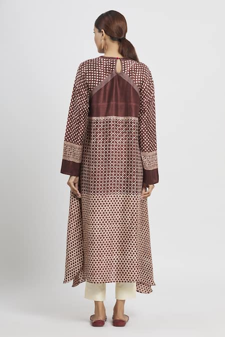 Shop_Krishna Mehta_Brown Tussar Printed Geometric Mandarin Collar Tunic  _at_Aza_Fashions