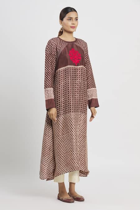 Krishna Mehta_Brown Tussar Printed Geometric Mandarin Collar Tunic  _Online_at_Aza_Fashions