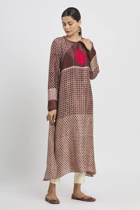 Buy_Krishna Mehta_Brown Tussar Printed Geometric Mandarin Collar Tunic  _Online_at_Aza_Fashions