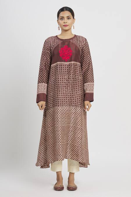 Shop_Krishna Mehta_Brown Tussar Printed Geometric Mandarin Collar Tunic  _Online_at_Aza_Fashions
