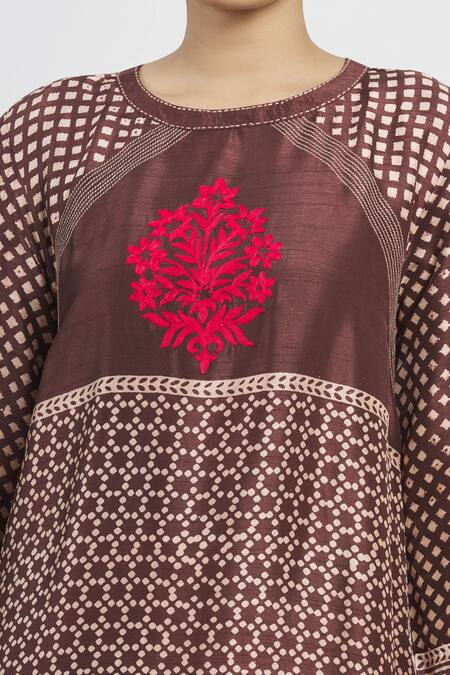 Krishna Mehta_Brown Tussar Printed Geometric Mandarin Collar Tunic  _at_Aza_Fashions