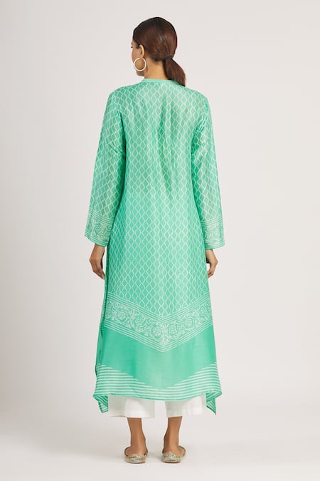 Shop_Krishna Mehta_Green Tussar Printed Geometric Mandarin Collar Tunic  _at_Aza_Fashions